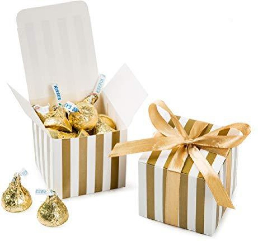 Genrc Small Candy Box Bulk 2X2X2 Inch With Ribbon, Gold White Strips Box  Party Favors Pack Of 50 - Small Candy Box Bulk 2X2X2 Inch With Ribbon, Gold  White Strips Box Party